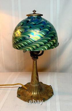 TIFFANY STUDIOS AGED DORE' BASE w GREEN DAMASCENE STYLE 7 ART SHADE HEAT CAP