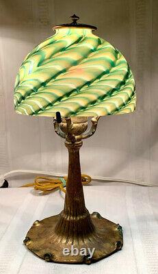 TIFFANY STUDIOS AGED DORE' BASE w GREEN DAMASCENE STYLE 7 ART SHADE HEAT CAP