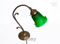 Table Lamp FRENCH Vintage Art Nouveau Accent Light Green Pate de Verre Shade