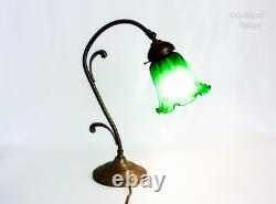 Table Lamp FRENCH Vintage Art Nouveau Accent Light Green Pate de Verre Shade