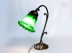 Table Lamp FRENCH Vintage Art Nouveau Accent Light Green Pate de Verre Shade