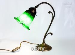 Table Lamp FRENCH Vintage Art Nouveau Accent Light Green Pate de Verre Shade
