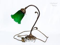 Table Lamp FRENCH Vintage Art Nouveau Accent Light Green Pate de Verre Shade
