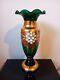 Tall Hand Blown Bohemian Green And Gold Glass Vase 15.5