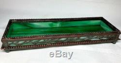 Tiffany Studios, Etched Metal Pen-pencil Tray, Green Glass, Patina, Beaded