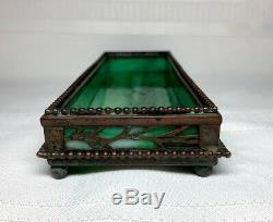 Tiffany Studios, Etched Metal Pen-pencil Tray, Green Glass, Patina, Beaded