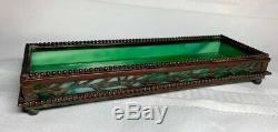 Tiffany Studios, Etched Metal Pen-pencil Tray, Green Glass, Patina, Beaded