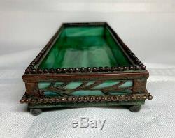 Tiffany Studios, Etched Metal Pen-pencil Tray, Green Glass, Patina, Beaded