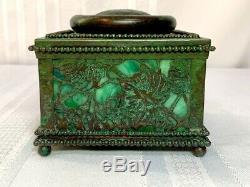 Tiffany Studios, Grapevine 4 Beaded Inkwell, Green Glass, Green Brown Patina