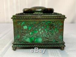 Tiffany Studios, Grapevine 4 Beaded Inkwell, Green Glass, Green Brown Patina