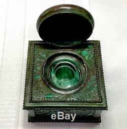 Tiffany Studios, Grapevine 4 Beaded Inkwell, Green Glass, Green Brown Patina