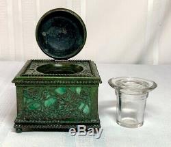 Tiffany Studios, Grapevine 4 Beaded Inkwell, Green Glass, Green Brown Patina