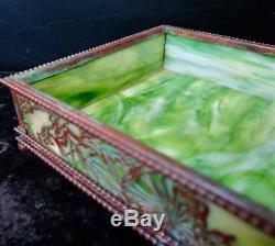 Tiffany Studios Grapevine/Pine Needle with Green Slag Glass Handkerchief Box