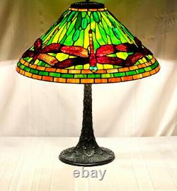 Tiffany Studios Inspired Green Dragonfly Cone On Bronze Artichoke Base, 3 Lights