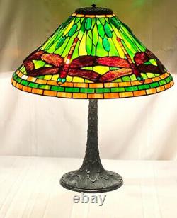 Tiffany Studios Inspired Green Dragonfly Cone On Bronze Artichoke Base, 3 Lights