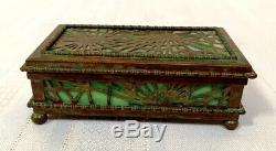 Tiffany Studios, Pine Needle Stamp Box, Green Glass, Patina, Early Beaded Border