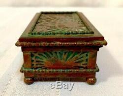 Tiffany Studios, Pine Needle Stamp Box, Green Glass, Patina, Early Beaded Border