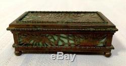 Tiffany Studios, Pine Needle Stamp Box, Green Glass, Patina, Early Beaded Border