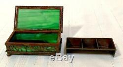 Tiffany Studios, Pine Needle Stamp Box, Green Glass, Patina, Early Beaded Border