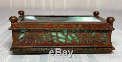 Tiffany Studios, Pine Needle Stamp Box, Green Glass, Patina, Early Beaded Border