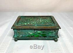 Tiffany Studios, Pine Needle Utility Box, Green Glass, Patina, Beaded Border