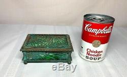 Tiffany Studios, Pine Needle Utility Box, Green Glass, Patina, Beaded Border