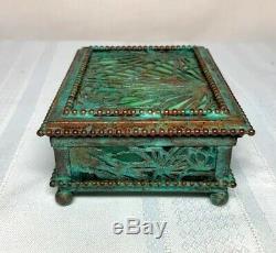 Tiffany Studios, Pine Needle Utility Box, Green Glass, Patina, Beaded Border