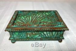 Tiffany Studios, Pine Needle Utility Box, Green Glass, Patina, Beaded Border