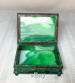 Tiffany Studios, Pine Needle Utility Box, Green Glass, Patina, Beaded Border