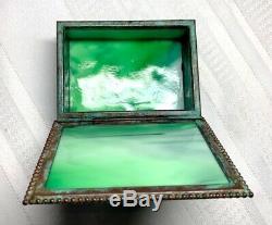 Tiffany Studios, Pine Needle Utility Box, Green Glass, Patina, Beaded Border