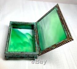 Tiffany Studios, Pine Needle Utility Box, Green Glass, Patina, Beaded Border