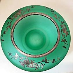 Tiffin Vtg Satin Emerald Green Glass Bowl Vase Rockwell Silver Overlay Uranium