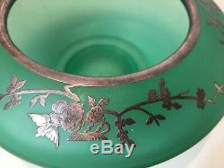 Tiffin Vtg Satin Emerald Green Glass Bowl Vase Rockwell Silver Overlay Uranium