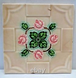 Tile Japan Dk Art Nouveau Majolica Rose Pink Leaf Green Design Vintage Rare #201