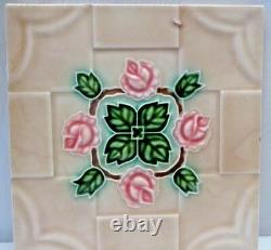 Tile Japan Dk Art Nouveau Majolica Rose Pink Leaf Green Design Vintage Rare #201