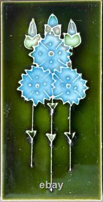 Tile Set 6 Blue Green Art Nouveau Fireplace Majolica Ceramic Floral Antique