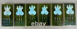 Tile Set 6 Blue Green Art Nouveau Fireplace Majolica Ceramic Floral Antique
