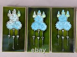 Tile Set 6 Blue Green Art Nouveau Fireplace Majolica Ceramic Floral Antique