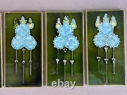 Tile Set 6 Blue Green Art Nouveau Fireplace Majolica Ceramic Floral Antique