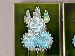Tile Set 6 Blue Green Art Nouveau Fireplace Majolica Ceramic Floral Antique