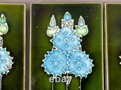 Tile Set 6 Blue Green Art Nouveau Fireplace Majolica Ceramic Floral Antique