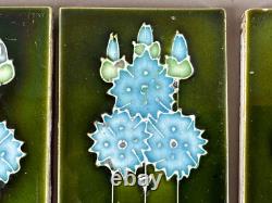 Tile Set 6 Blue Green Art Nouveau Fireplace Majolica Ceramic Floral Antique