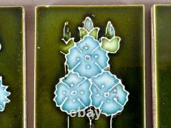 Tile Set 6 Blue Green Art Nouveau Fireplace Majolica Ceramic Floral Antique