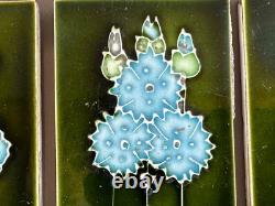Tile Set 6 Blue Green Art Nouveau Fireplace Majolica Ceramic Floral Antique