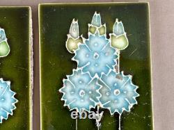 Tile Set 6 Blue Green Art Nouveau Fireplace Majolica Ceramic Floral Antique