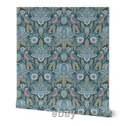 Traditional Wallpaper Blue Coral Olive Midsized Art Nouveau Green Style