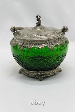 True Vintage Candy Box Covered Dish Um 1900 Art Nouveau Tin Green Glas