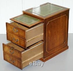 Two Drawer With Butlers Serve Tray Burr Walnut Filing Cabinet Green Leather Desk