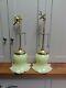 Two Matching Converted Antique Brass Ceiling Lights Green Glass Bell Shades