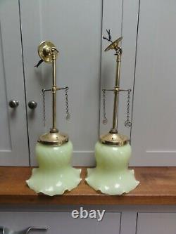 Two matching converted Antique brass ceiling lights green glass bell shades